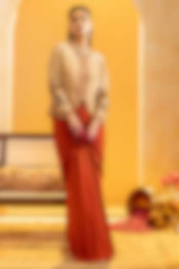 Maroon Crepe Printed Draped Skirt Set by Soup by Sougat Paul at Pernia's Pop Up Shop