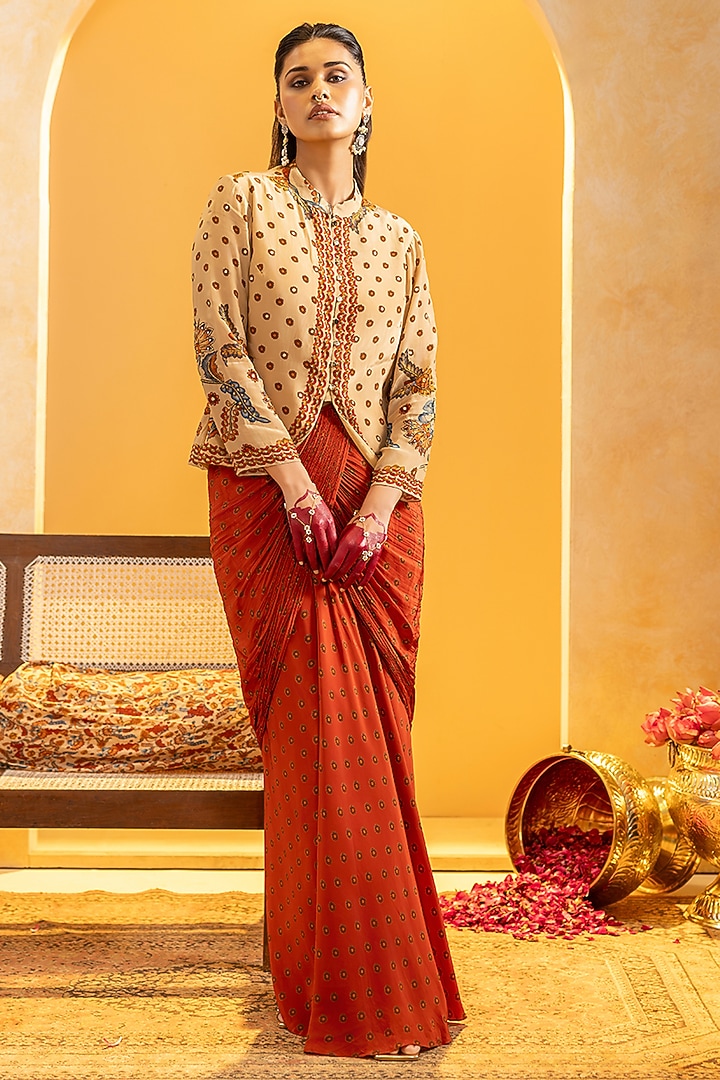 Maroon Crepe Printed Draped Skirt Set by Soup by Sougat Paul at Pernia's Pop Up Shop