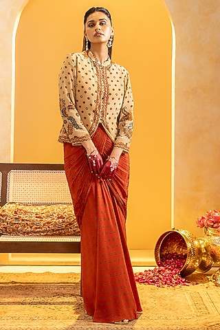 Maroon Crepe Printed Draped Skirt Set by Soup by Sougat Paul