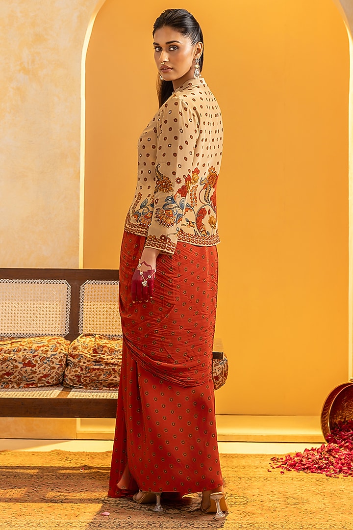 Maroon Crepe Printed Draped Skirt Set by Soup by Sougat Paul at Pernia's Pop Up Shop