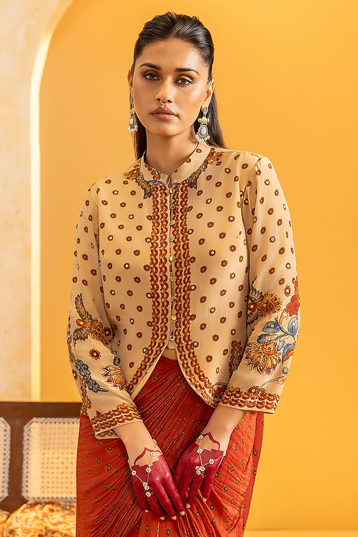 Maroon Crepe Printed Draped Skirt Set by Soup by Sougat Paul at Pernia's Pop Up Shop