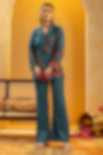 Blue Khadi Cotton Blazer Set by Soup by Sougat Paul at Pernia's Pop Up Shop