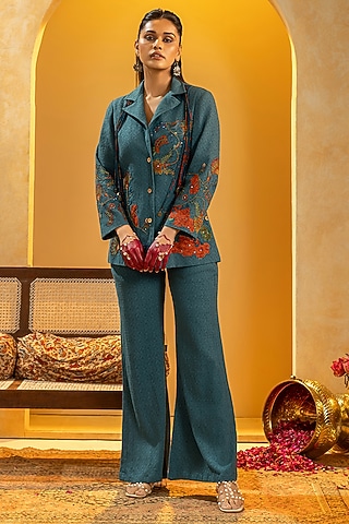 Blue Khadi Cotton Blazer Set by Soup by Sougat Paul