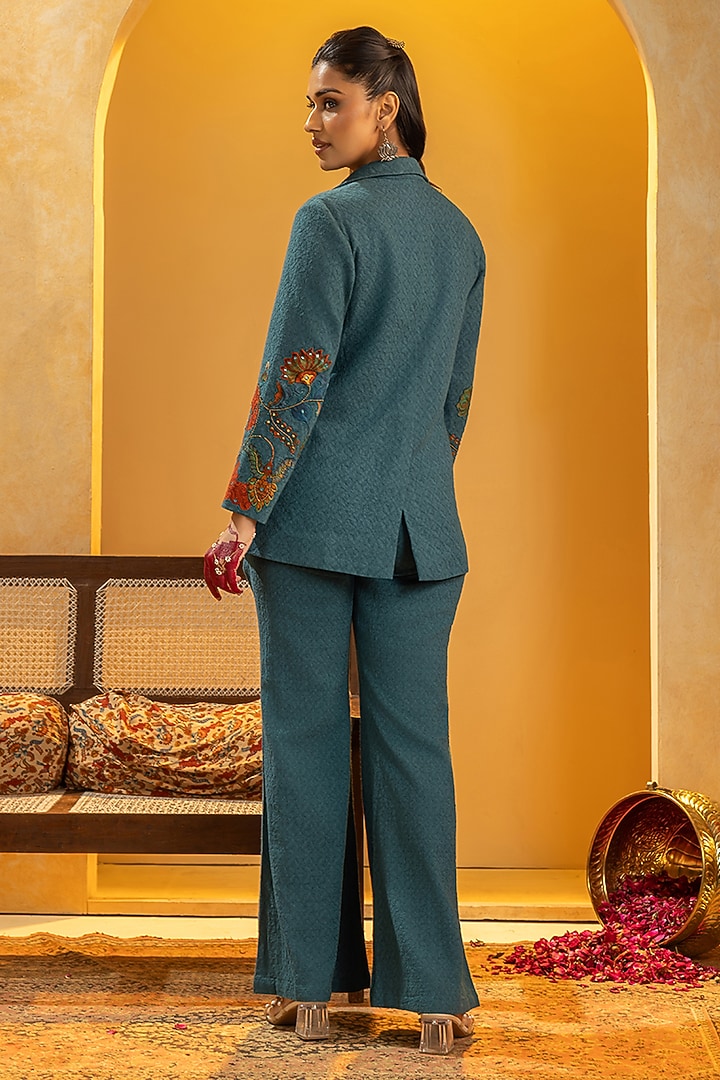 Blue Khadi Cotton Blazer Set by Soup by Sougat Paul at Pernia's Pop Up Shop