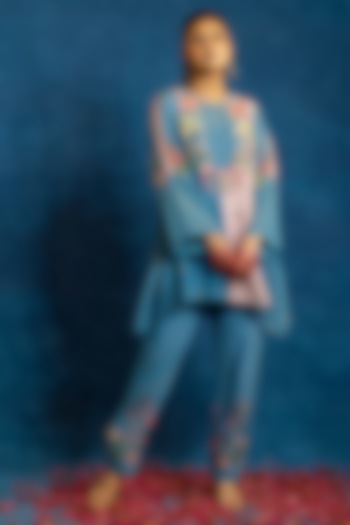 Blue & Pink Cotton Net Color Blocked Kurta Set by Soup by Sougat Paul at Pernia's Pop Up Shop