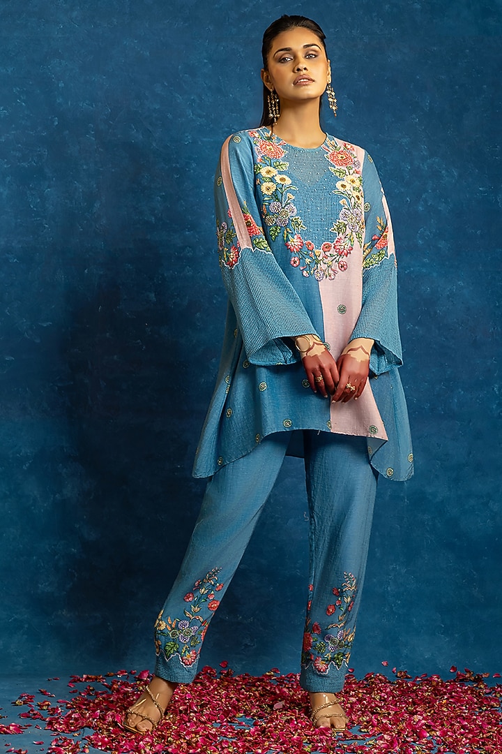 Blue & Pink Cotton Net Color Blocked Kurta Set by Soup by Sougat Paul at Pernia's Pop Up Shop