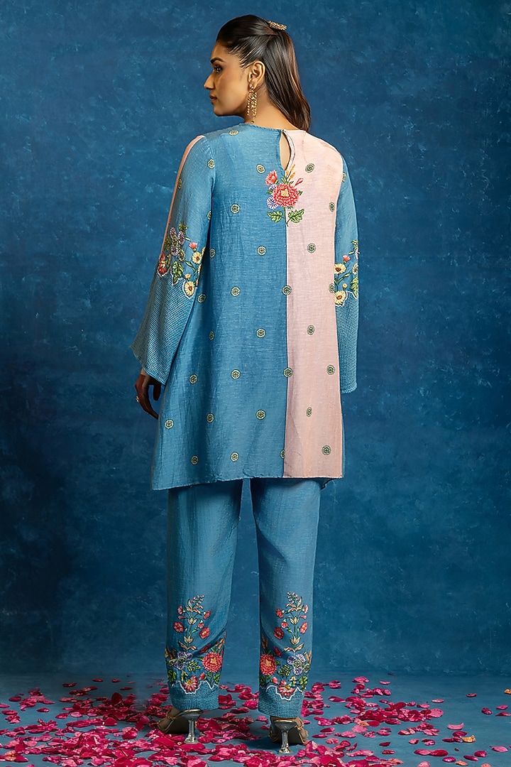 Blue & Pink Cotton Net Color Blocked Kurta Set by Soup by Sougat Paul at Pernia's Pop Up Shop