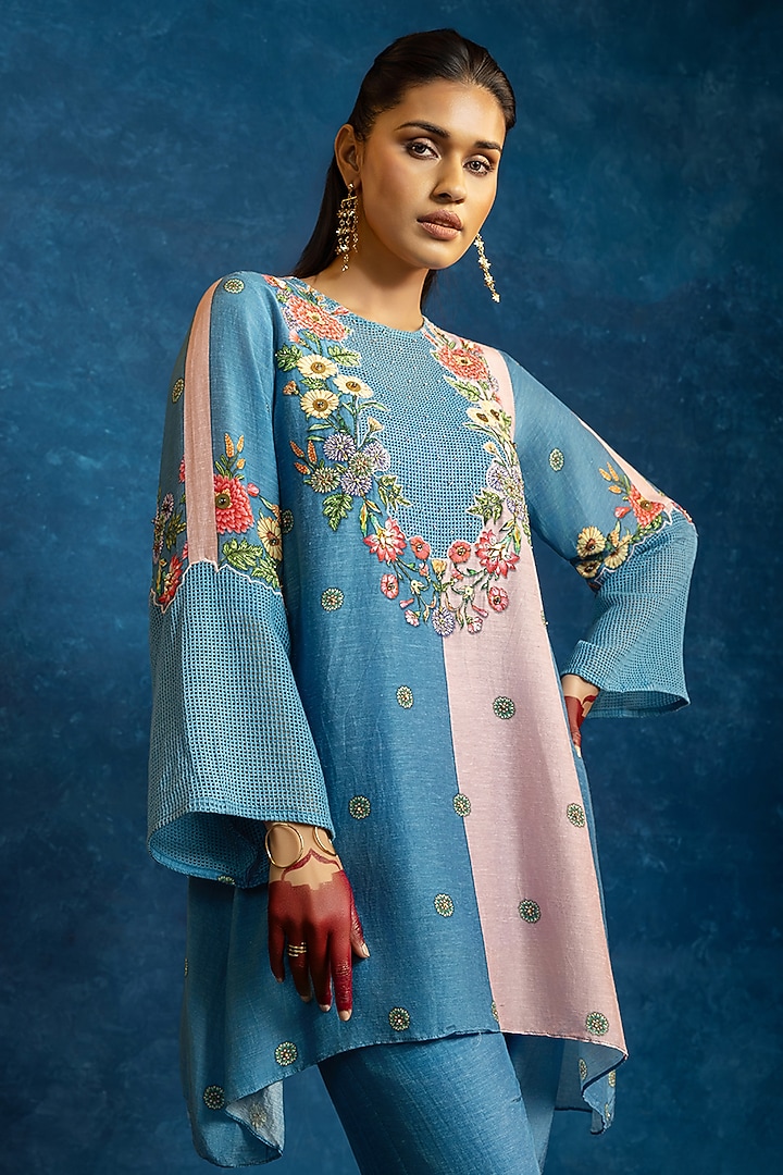 Blue & Pink Cotton Net Color Blocked Kurta Set by Soup by Sougat Paul at Pernia's Pop Up Shop