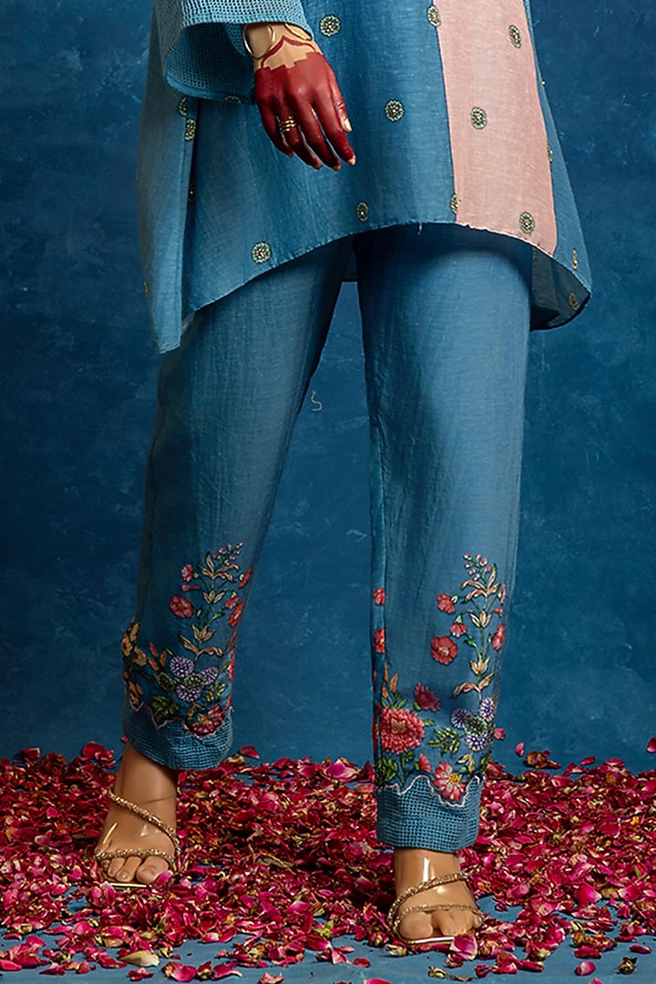 Blue & Pink Cotton Net Color Blocked Kurta Set by Soup by Sougat Paul at Pernia's Pop Up Shop