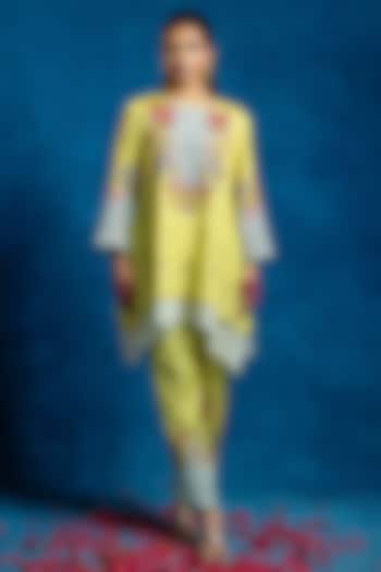 Yellow & Blue Cotton Net Color Blocked Kurta Set by Soup by Sougat Paul at Pernia's Pop Up Shop