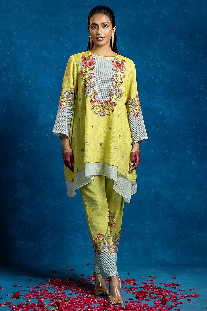 Yellow & Blue Cotton Net Color Blocked Kurta Set by Soup by Sougat Paul at Pernia's Pop Up Shop