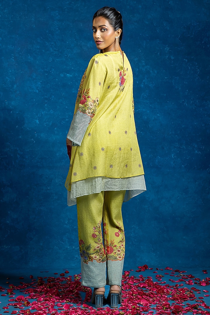 Yellow & Blue Cotton Net Color Blocked Kurta Set by Soup by Sougat Paul at Pernia's Pop Up Shop
