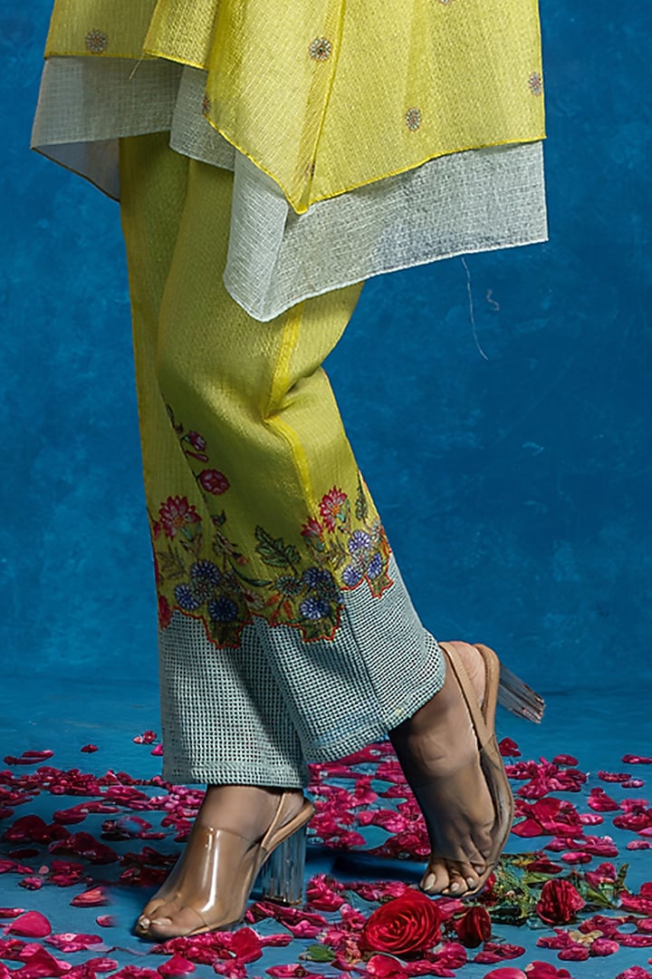 Yellow & Blue Cotton Net Color Blocked Kurta Set by Soup by Sougat Paul at Pernia's Pop Up Shop