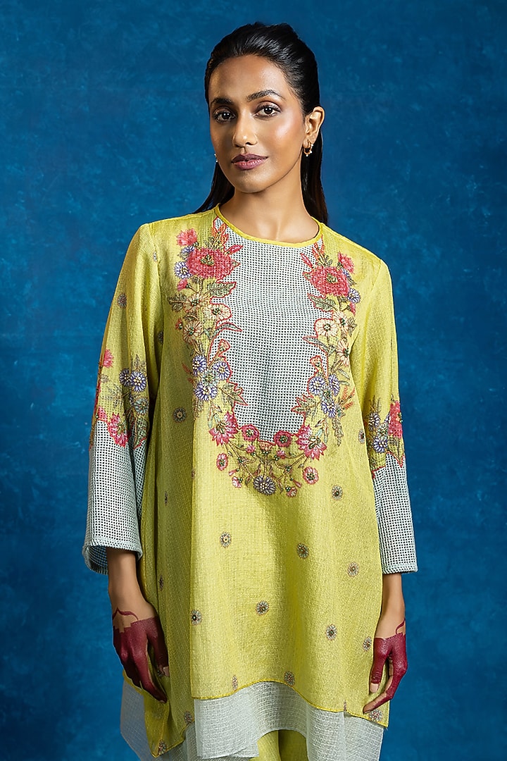 Yellow & Blue Cotton Net Color Blocked Kurta Set by Soup by Sougat Paul at Pernia's Pop Up Shop