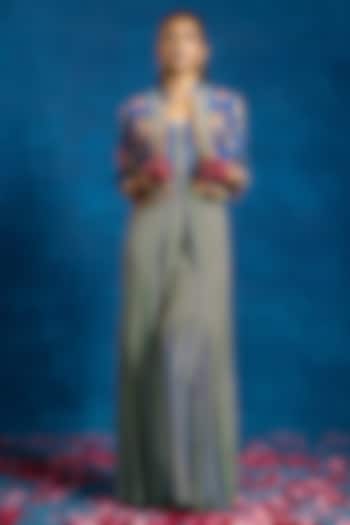 Blue Crepe Printed Jumpsuit With Jacket by Soup by Sougat Paul at Pernia's Pop Up Shop