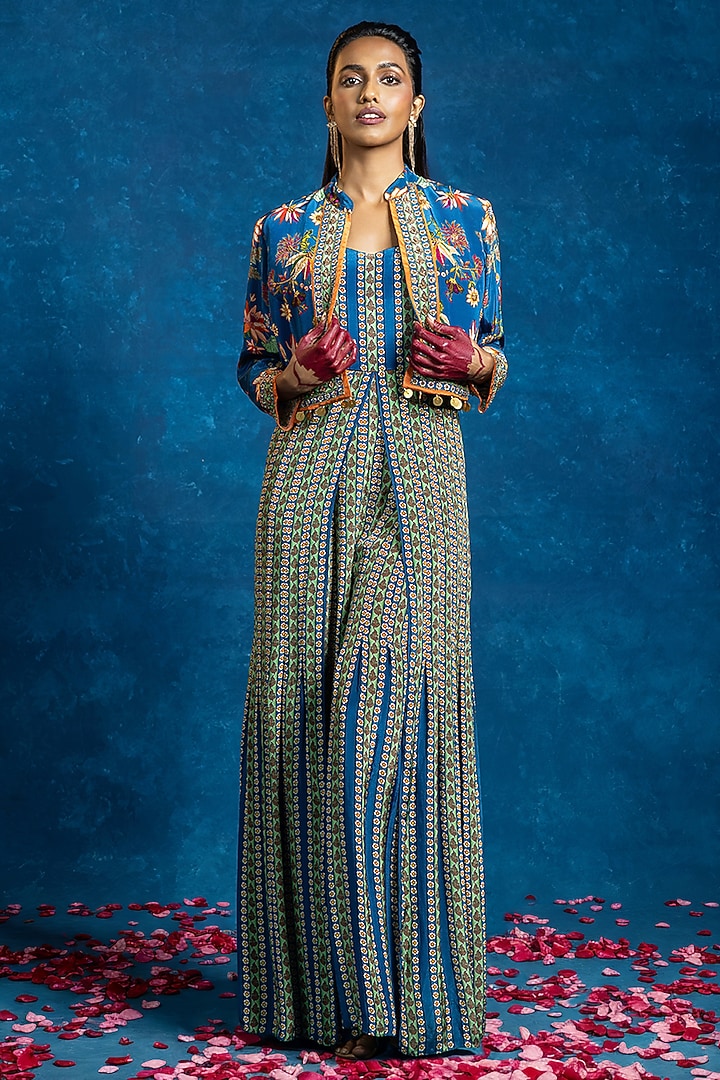 Blue Crepe Printed Jumpsuit With Jacket by Soup by Sougat Paul at Pernia's Pop Up Shop