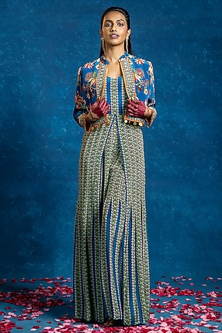Blue Crepe Printed Jumpsuit With Jacket by Soup by Sougat Paul