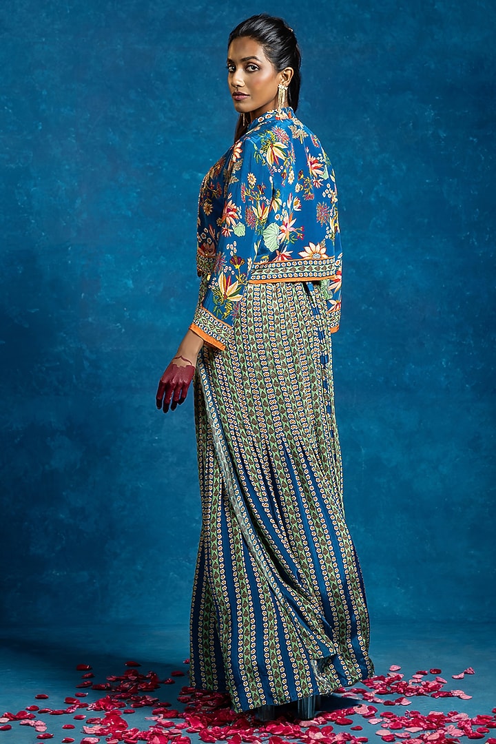 Blue Crepe Printed Jumpsuit With Jacket by Soup by Sougat Paul at Pernia's Pop Up Shop