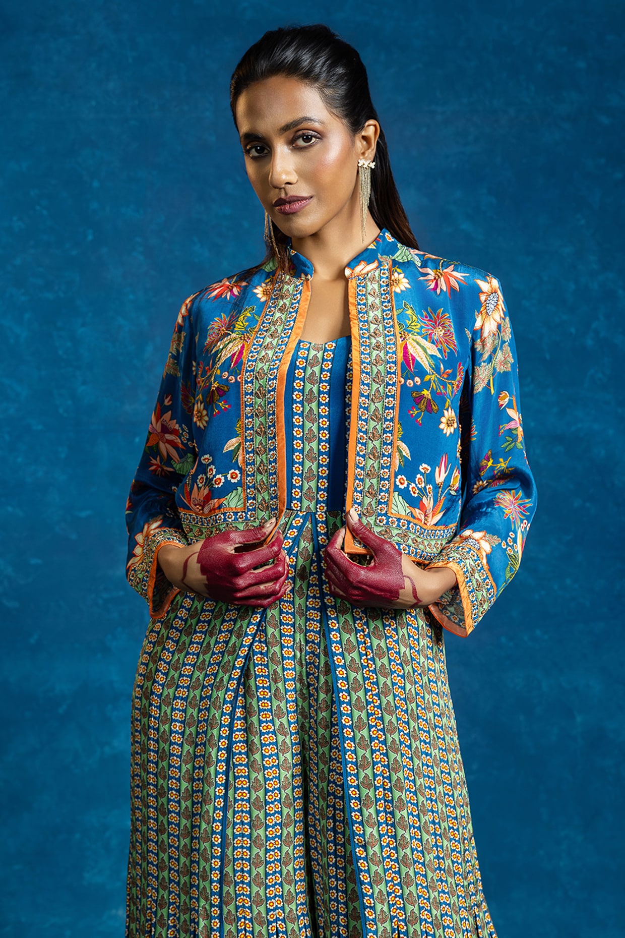 Blue Crepe Printed Jumpsuit With Jacket by Soup by Sougat Paul at