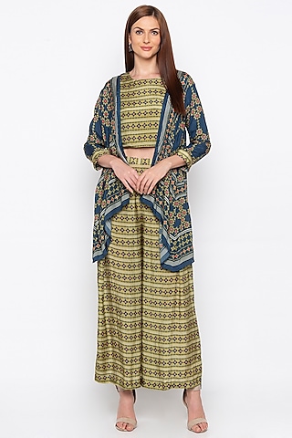 Green Printed Crop Top With Pants & Blue Jacket by Soup by Sougat Paul