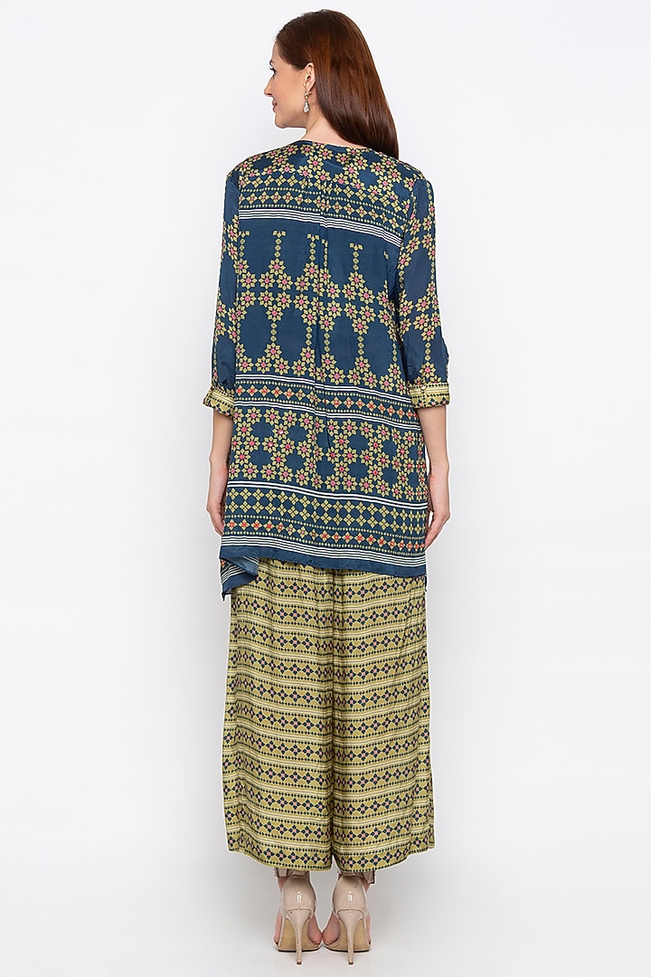 Green Printed Crop Top With Pants & Blue Jacket by Soup by Sougat Paul at Pernia's Pop Up Shop