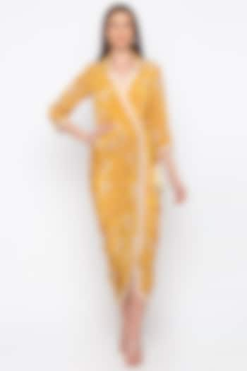 Yellow Embroidered Printed Wrap Dress by Soup by Sougat Paul at Pernia's Pop Up Shop