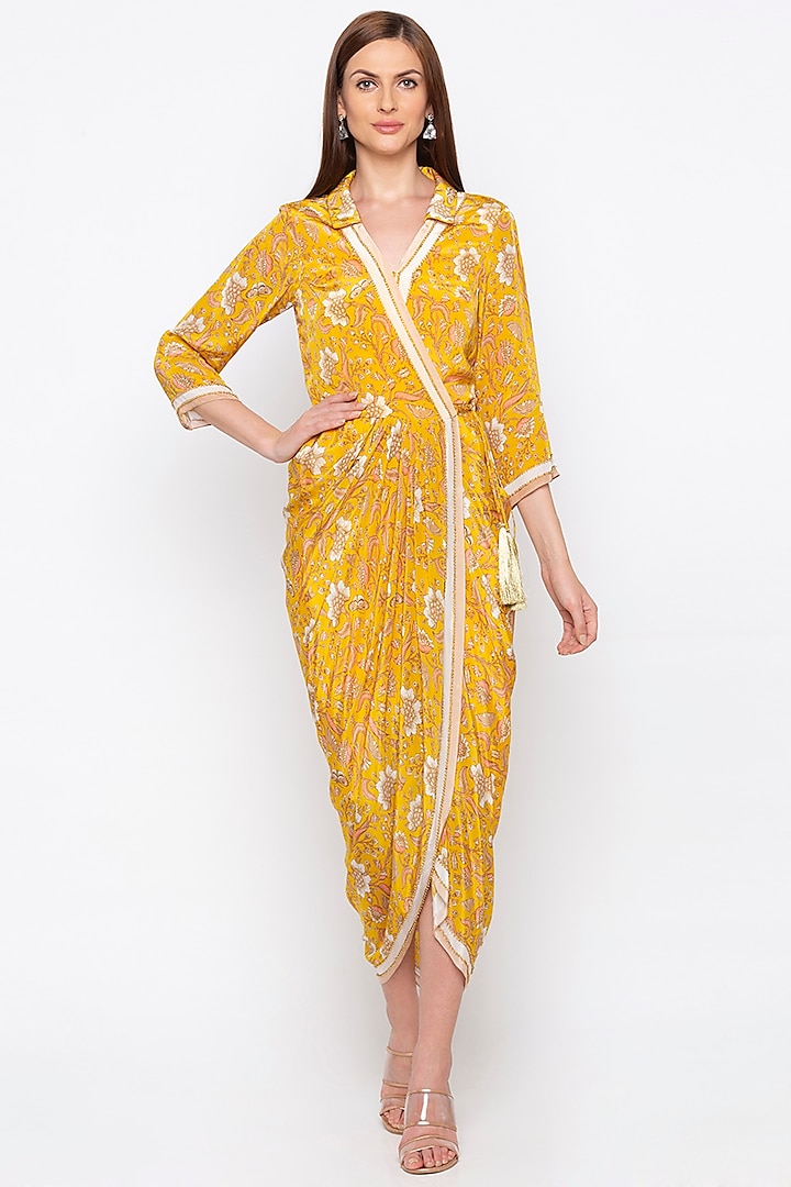 Yellow Embroidered Printed Wrap Dress by Soup by Sougat Paul