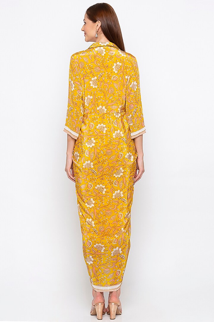 Yellow Embroidered Printed Wrap Vacation Dress by Soup by Sougat Paul at Pernia's Pop Up Shop