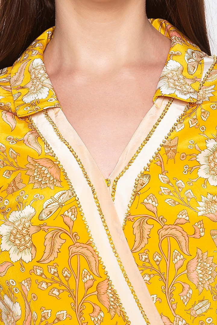 Yellow Embroidered Printed Wrap Vacation Dress by Soup by Sougat Paul at Pernia's Pop Up Shop