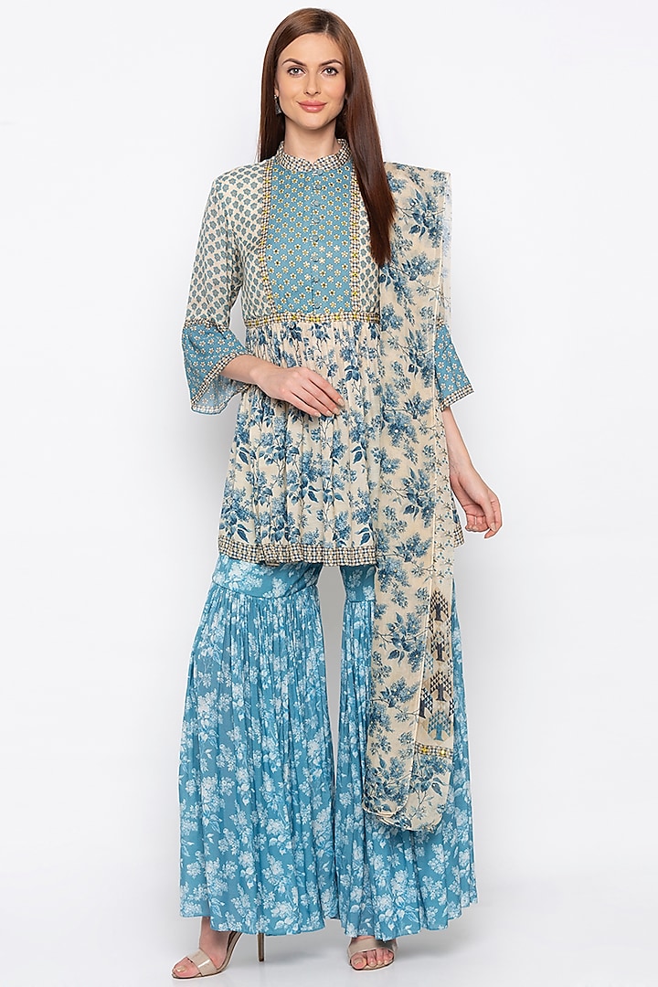 Blue & Off White Embroidered Sharara Set by Soup by Sougat Paul