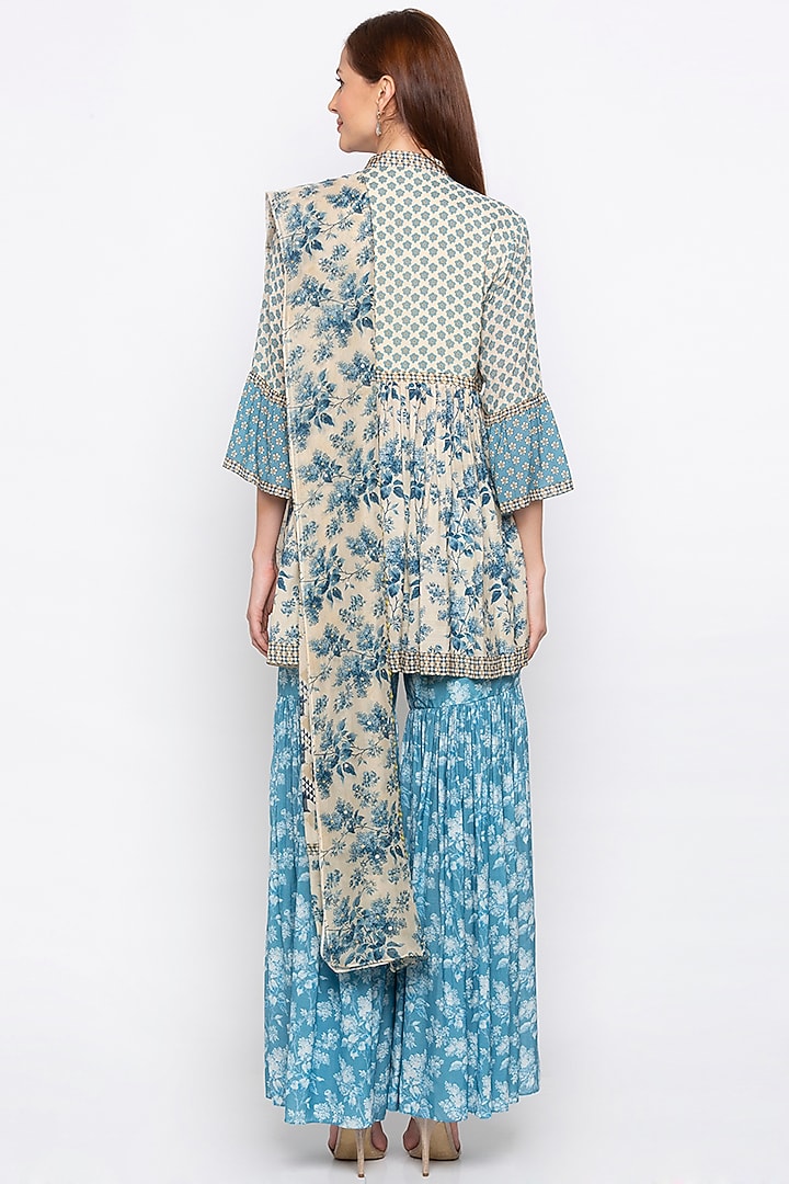 Blue & Off White Embroidered Party Wear Sharara Set by Soup by Sougat Paul at Pernia's Pop Up Shop