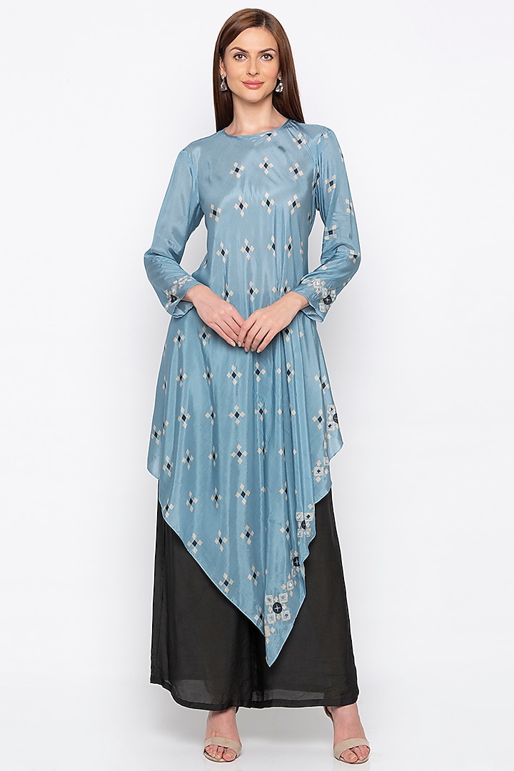 Blue Printed Embroidered Kurta With Black Palazzo Pants by Soup by Sougat Paul
