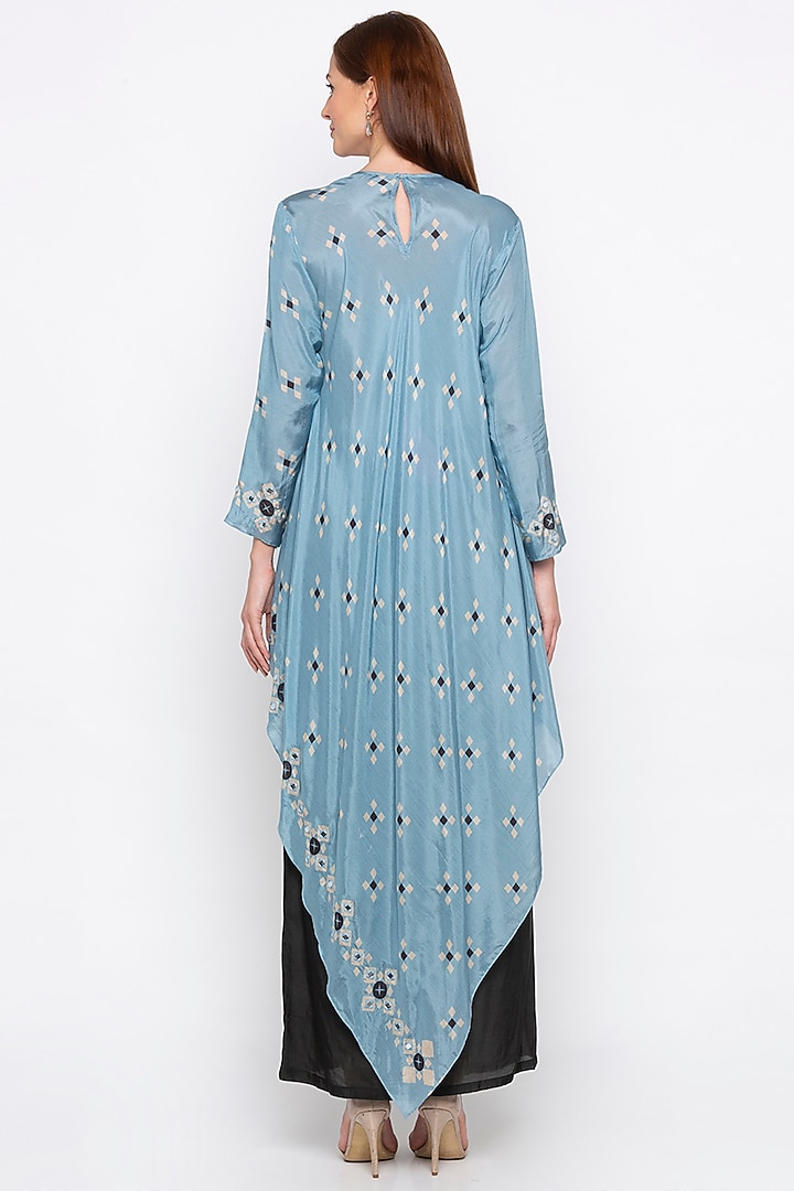 Blue Printed Embroidered Kurta With Black Palazzo Pants by Soup by Sougat Paul at Pernia's Pop Up Shop