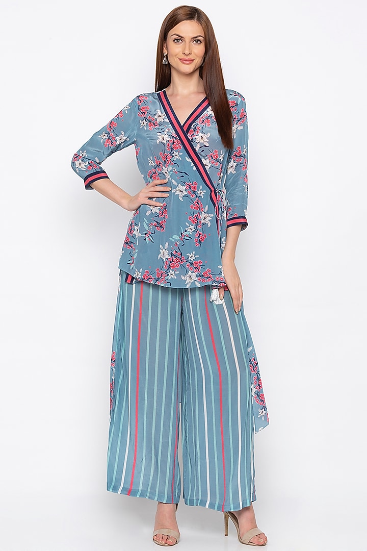 Blue & Pink Printed Wrap Kurta With Palazzo Pants by Soup by Sougat Paul at Pernia's Pop Up Shop