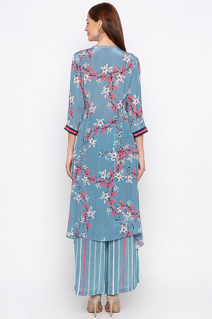Blue & Pink Printed Wrap Kurta With Palazzo Pants by Soup by Sougat Paul at Pernia's Pop Up Shop