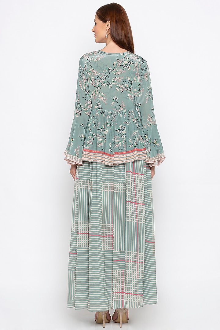 Teal Green & Pink Printed Crop Top With Jacket & Pleated Skirt by Soup by Sougat Paul at Pernia's Pop Up Shop