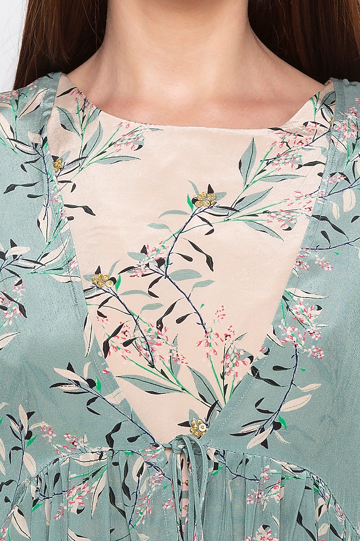 Teal Green & Pink Printed Crop Top With Jacket & Pleated Skirt by Soup by Sougat Paul at Pernia's Pop Up Shop