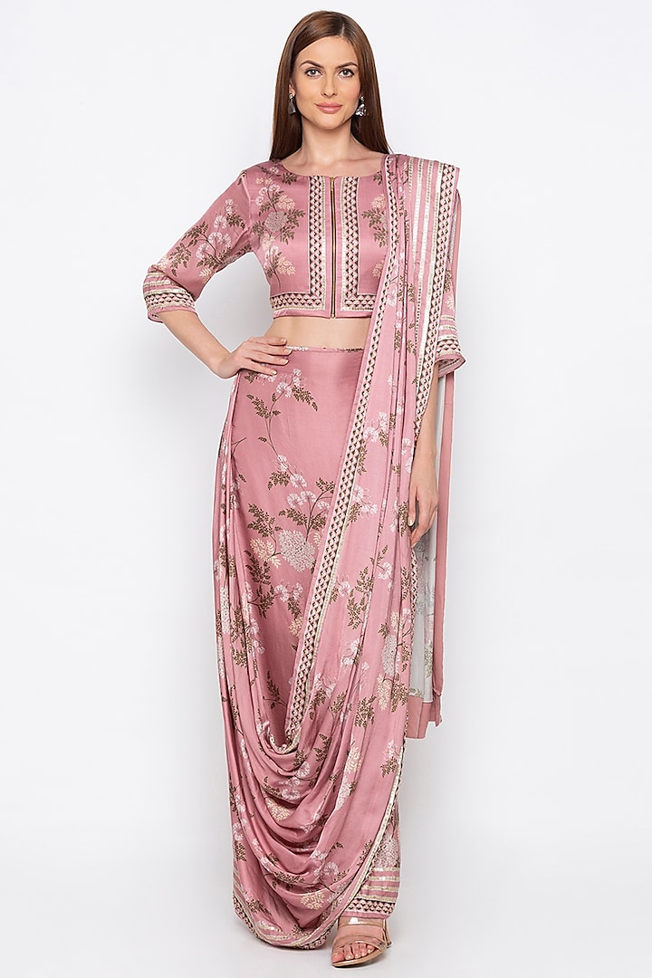 Pink Printed Draped Saree Set by Soup by Sougat Paul