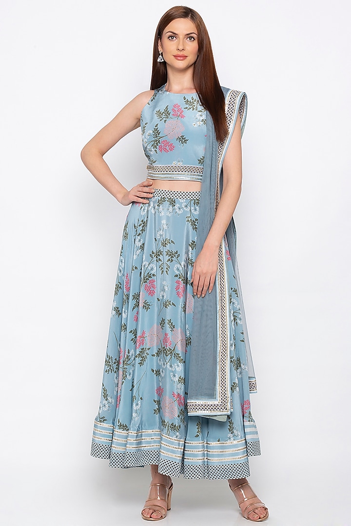 Blue Embroidered Printed Lehenga Set by Soup by Sougat Paul