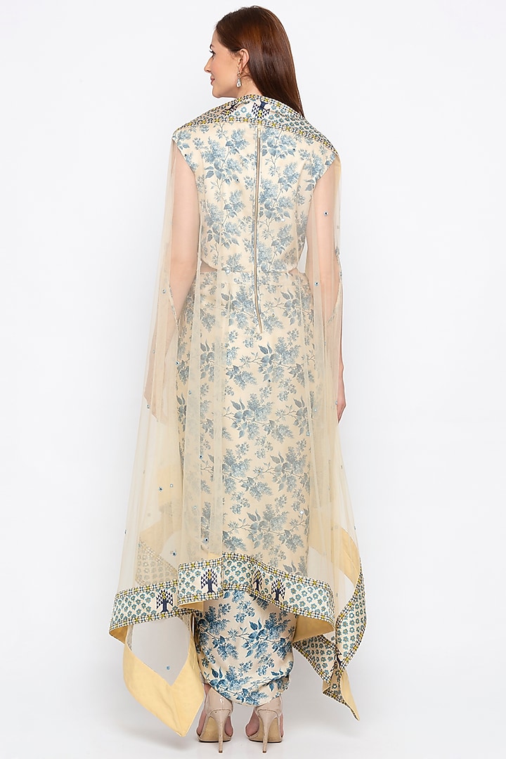Blue & Off White Embroidered Printed Draped Vacation Dress With Cape by Soup by Sougat Paul at Pernia's Pop Up Shop