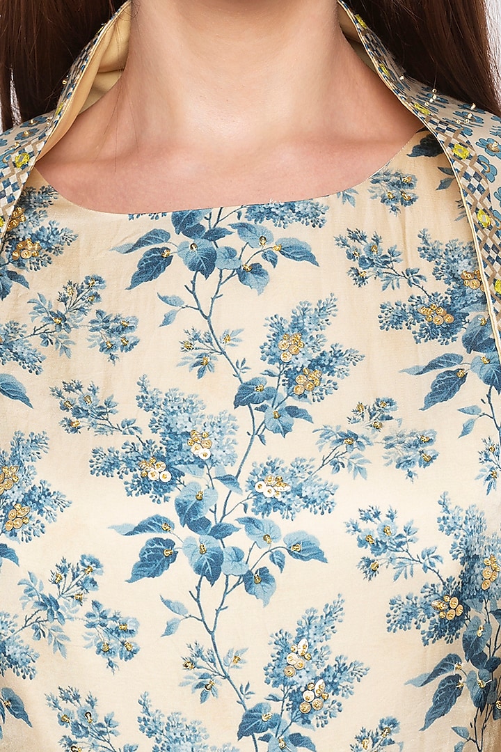 Blue & Off White Embroidered Printed Draped Vacation Dress With Cape by Soup by Sougat Paul at Pernia's Pop Up Shop