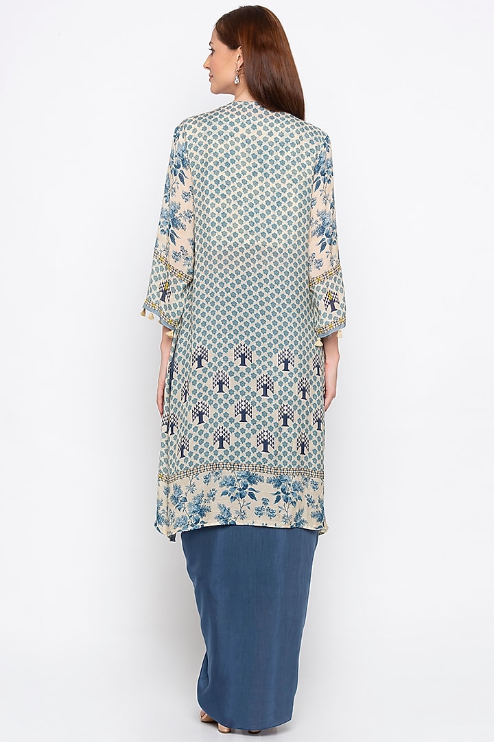 Off White Printed Crop Top With Jacket & Blue Draped Skirt by Soup by Sougat Paul at Pernia's Pop Up Shop