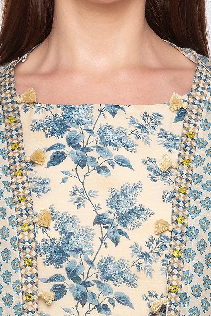 Off White Printed Crop Top With Jacket & Blue Draped Skirt by Soup by Sougat Paul at Pernia's Pop Up Shop