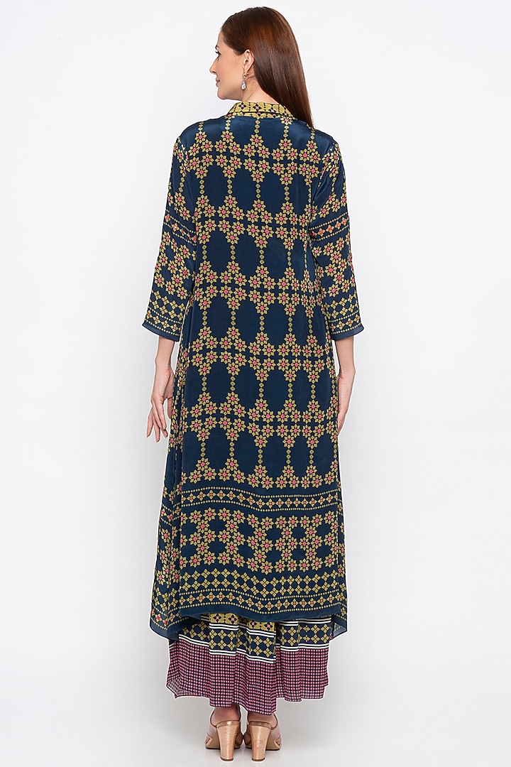 Green & Blue Printed Pleated Vacation Dress With Jacket by Soup by Sougat Paul at Pernia's Pop Up Shop