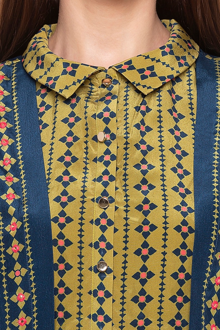 Green & Blue Printed Pleated Vacation Dress With Jacket by Soup by Sougat Paul at Pernia's Pop Up Shop