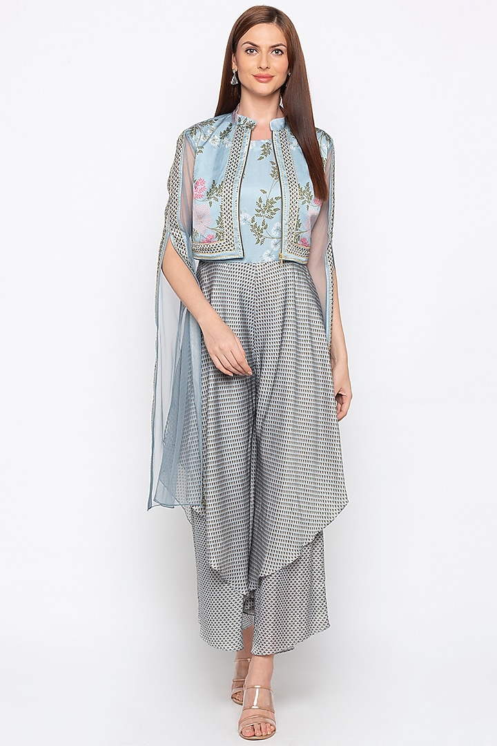 Blue Printed Double Layered Jumpsuit With Embroidered Jacket by Soup by Sougat Paul