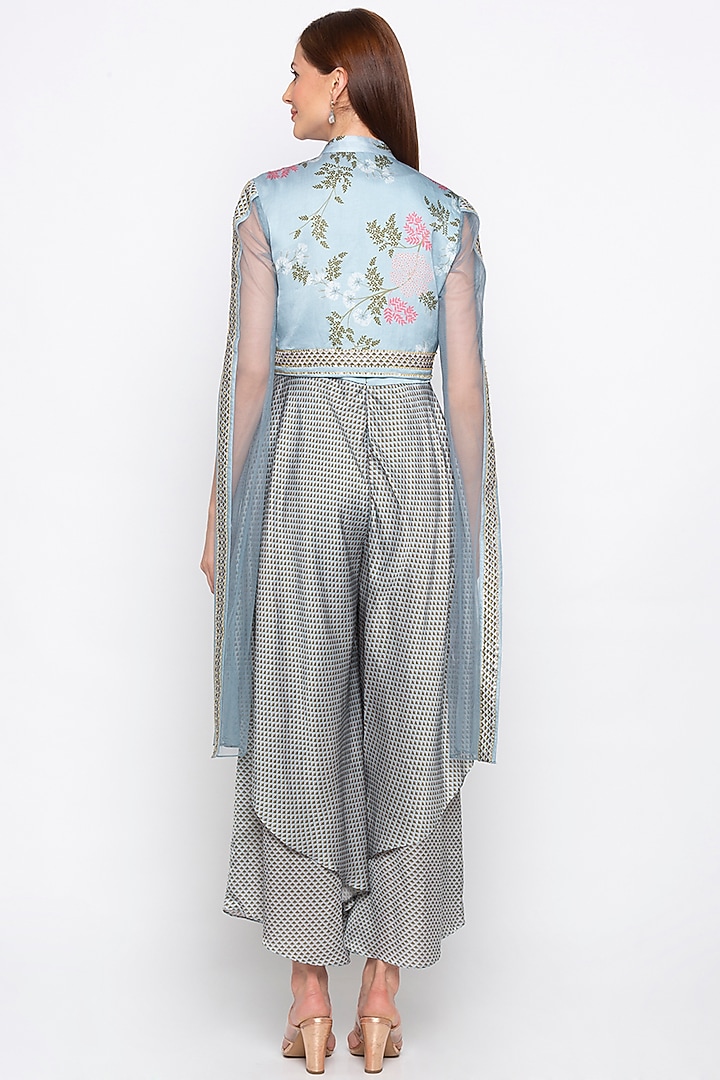 Blue Printed Double Layered Jumpsuit With Embroidered Jacket by Soup by Sougat Paul at Pernia's Pop Up Shop