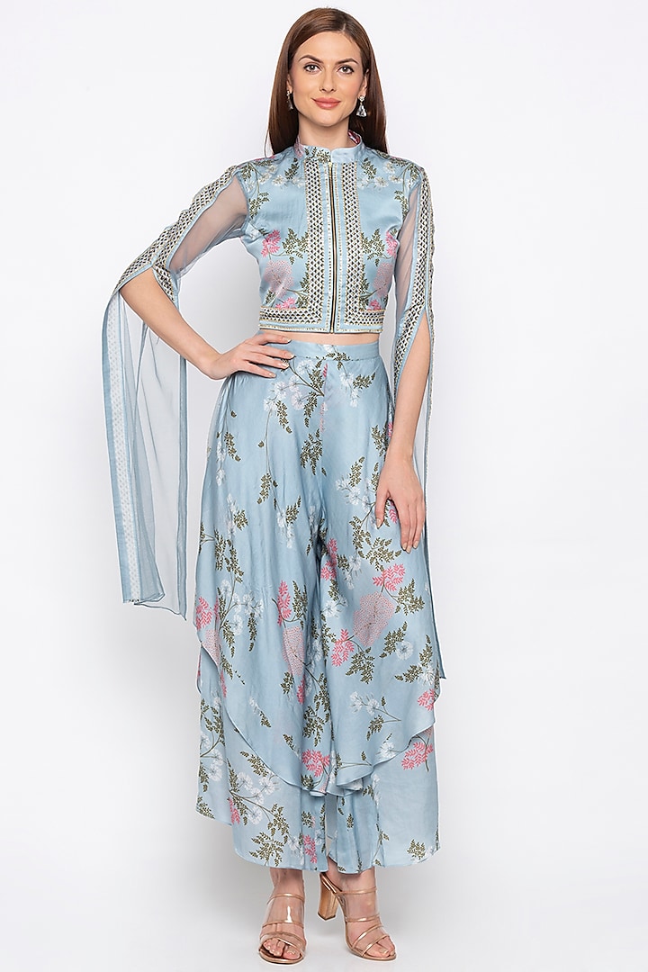 Blue Printed Layered Pants With Embroidered Jacket by Soup by Sougat Paul