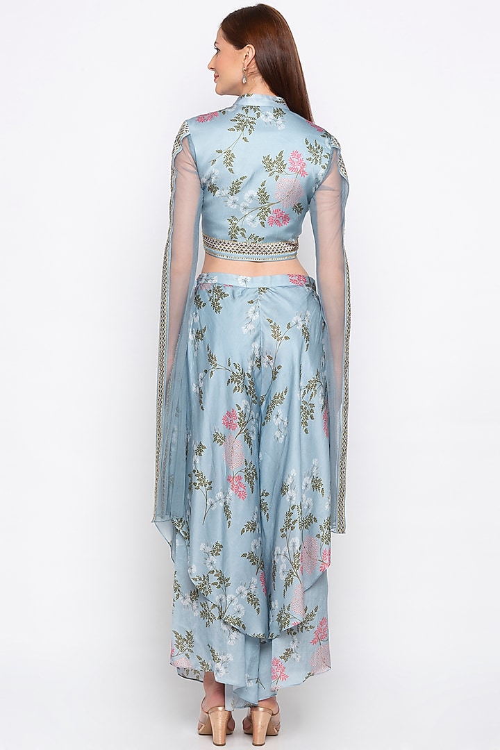 Blue Printed Layered Pants With Embroidered Jacket by Soup by Sougat Paul at Pernia's Pop Up Shop