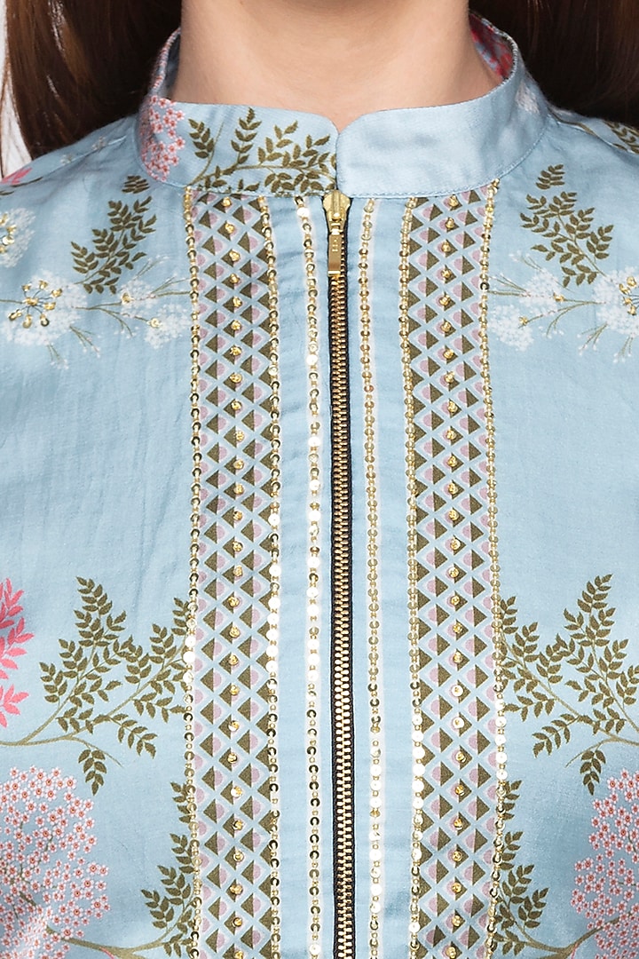 Blue Printed Layered Pants With Embroidered Jacket by Soup by Sougat Paul at Pernia's Pop Up Shop